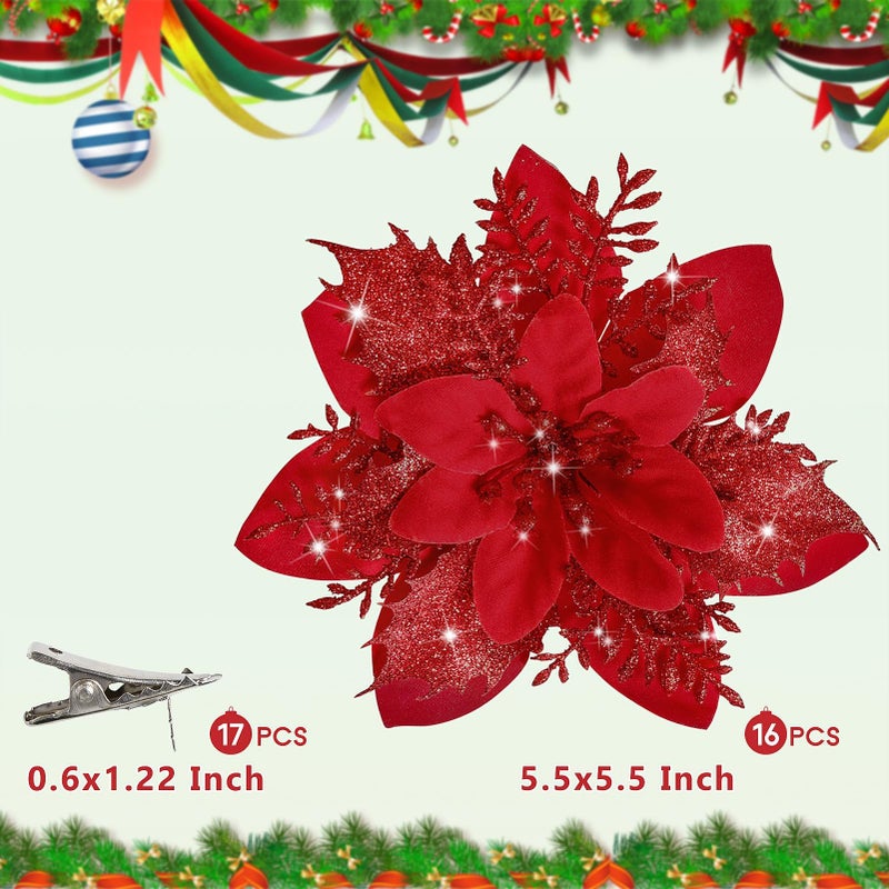 Childom 16 PCS Poinsettia Flower Artificial Poinsettia with Clips Christmas Decor Glitter Poinsettia Christmas Ornaments Christmas Tree Flower Decorations with Stems DIY Xmas Wreath Holiday Home Party Decor - Image 2
