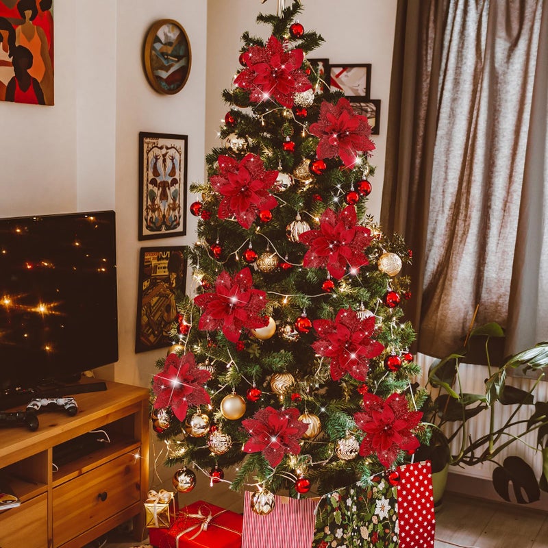 Childom 16 PCS Poinsettia Flower Artificial Poinsettia with Clips Christmas Decor Glitter Poinsettia Christmas Ornaments Christmas Tree Flower Decorations with Stems DIY Xmas Wreath Holiday Home Party Decor - Image 4