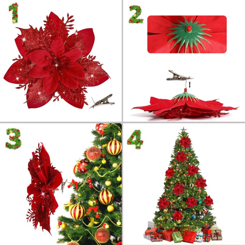 Childom 16 PCS Poinsettia Flower Artificial Poinsettia with Clips Christmas Decor Glitter Poinsettia Christmas Ornaments Christmas Tree Flower Decorations with Stems DIY Xmas Wreath Holiday Home Party Decor - Image 3