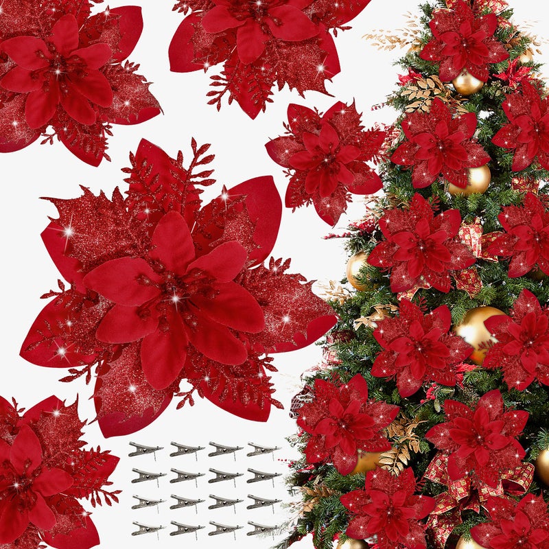 Childom 16 PCS Poinsettia Flower Artificial Poinsettia with Clips Christmas Decor Glitter Poinsettia Christmas Ornaments Christmas Tree Flower Decorations with Stems DIY Xmas Wreath Holiday Home Party Decor - Image 1