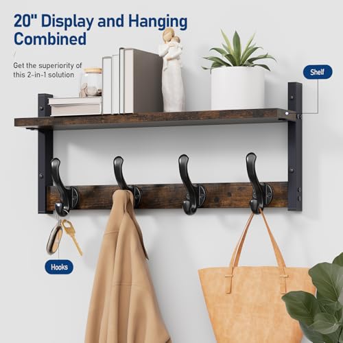 Tatub 20" Rustic Coat Rack Wall Mount with Shelf, Wall Hooks with Shelf, Heavy Duty Entryway Organizer Hangers for Hanging, Hat, Bag, Jacket for Bathroom, Living Room, Bedroom, Rustic Brown - Image 2