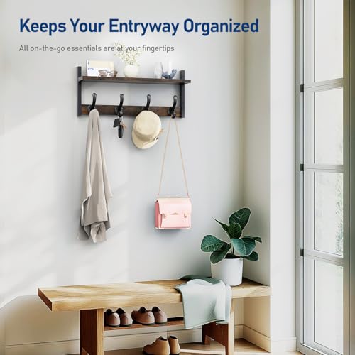 Tatub 20" Rustic Coat Rack Wall Mount with Shelf, Wall Hooks with Shelf, Heavy Duty Entryway Organizer Hangers for Hanging, Hat, Bag, Jacket for Bathroom, Living Room, Bedroom, Rustic Brown - Image 5