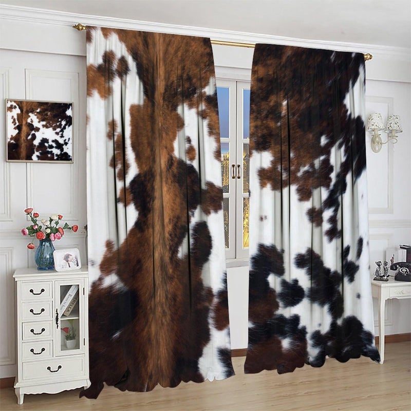 LOMADIA Cow Print Blackout Curtain,Brown White Cowhide Animal Fur Western Rustic Farmhouse Style Window Treatments Rod Pocket Curtain for Bedroom Living Room Kitchen Decor Drapes 42x45in - Image 3