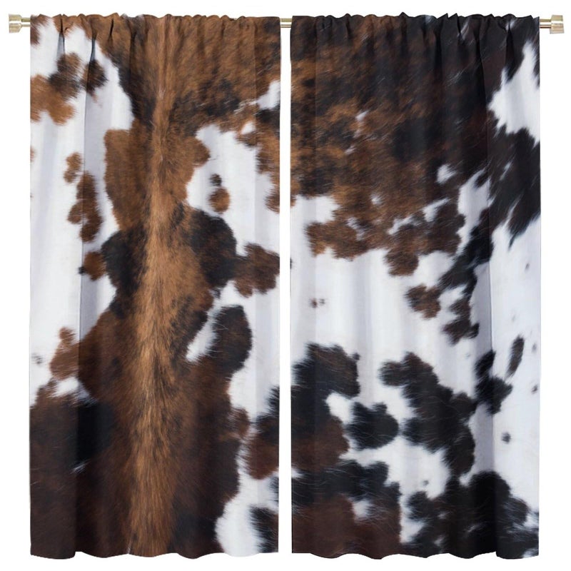 LOMADIA Cow Print Blackout Curtain,Brown White Cowhide Animal Fur Western Rustic Farmhouse Style Window Treatments Rod Pocket Curtain for Bedroom Living Room Kitchen Decor Drapes 42x45in - Image 1