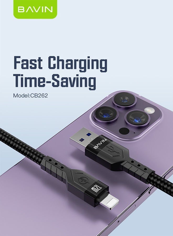 BAVIN USB To Lightning  Nylon Braided Cable, 1.2M Max Output 2.4A, Fast Charge And Sync Cable For iPhone, iPad, AirPods - iPod Black. - Image 2