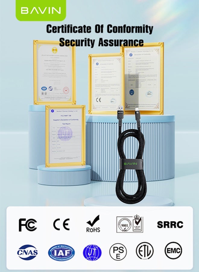 BAVIN USB To Lightning  Nylon Braided Cable, 1.2M Max Output 2.4A, Fast Charge And Sync Cable For iPhone, iPad, AirPods - iPod Black. - Image 4