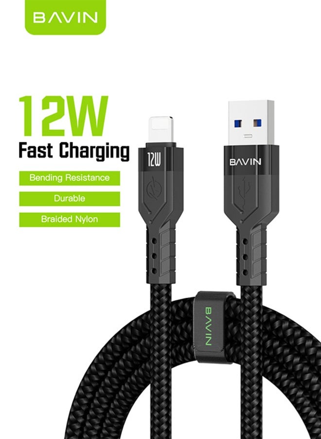 BAVIN USB To Lightning  Nylon Braided Cable, 1.2M Max Output 2.4A, Fast Charge And Sync Cable For iPhone, iPad, AirPods - iPod Black. - Image 1
