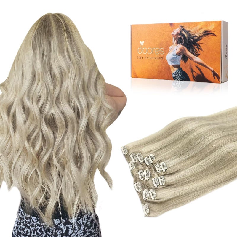 DOORES Clip in Hair Extensions Real Human Hair Balayage Ash Blonde Highlighted Platinum Blonde 120g 7pcs 18 Inch Natural Straight Thick