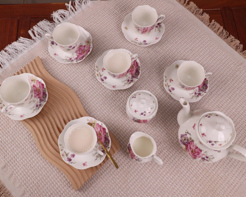 Guangyang 15pcs Porcelain Tea Sets 7 OZ Cups& Saucer Service for 6, with Teapot Sugar Bowl Cream Pitcher for Tea/Coffee - Image 2