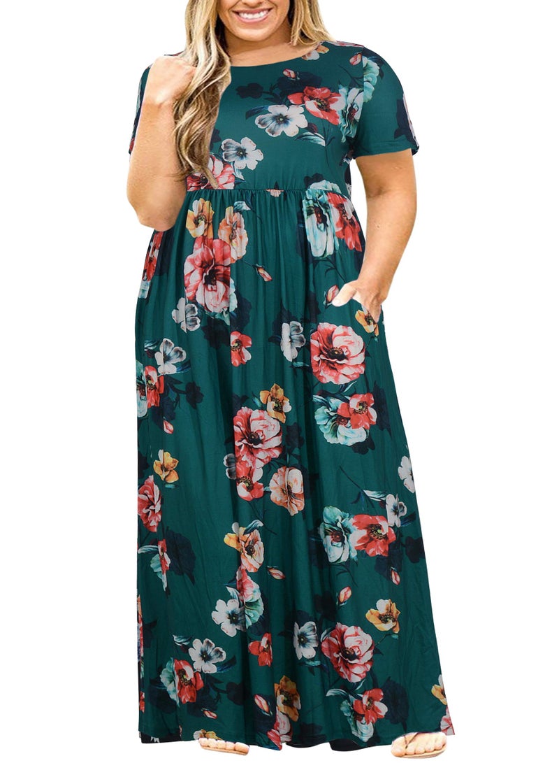 Nemidor Plus Size Maxi Dresses for Curvy Women Summer Casual Loose Short Sleeve Long Beach Dress with Pocket14924Green Print