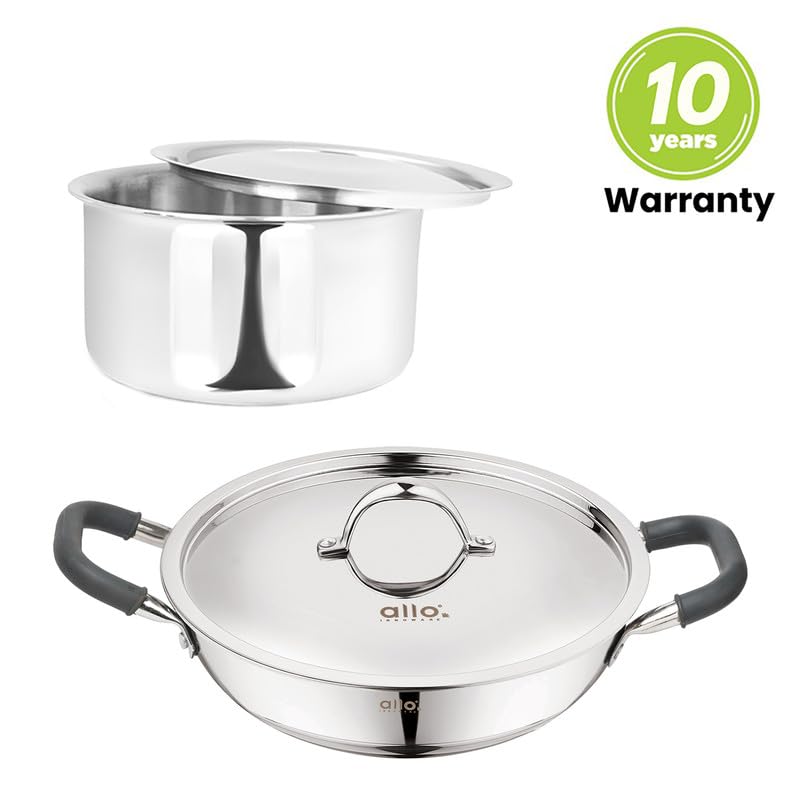 Allo Allo CookSafe TriPly Stainless Steel Kadhai & Tope Set of 2 Combo Pcs, 3 litres Kadhai with Lid and 3.8 litres Tope with Lid, Induction Friendly, Naturally Non,Stick, 26cm & 20cm  - Image 5
