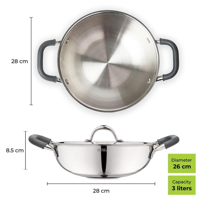 Allo Allo CookSafe TriPly Stainless Steel Kadhai & Tope Set of 2 Combo Pcs, 3 litres Kadhai with Lid and 3.8 litres Tope with Lid, Induction Friendly, Naturally Non,Stick, 26cm & 20cm  - Image 2