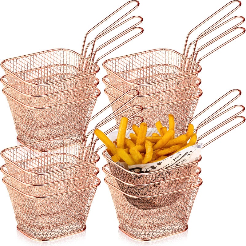 Sieral Sieral 12 Pcs Mini Square Fry Basket Bulk Stainless Steel French Fry Holder Food Baskets for Serving Fryer Container with Handle Reusable Small Deep Fryer Holder for Home Kitchen DecorRose Gold 