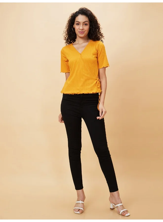 globus Women Mustard Self Designed V-Neck Tie-Ups Detailed Warp Top