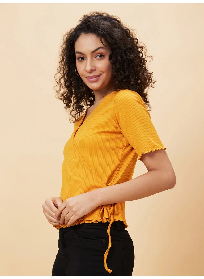 globus Women Mustard Self Designed V-Neck Tie-Ups Detailed Warp Top