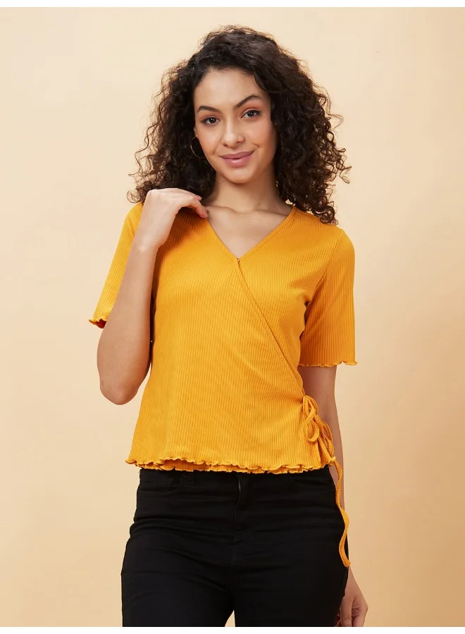 globus Women Mustard Self Designed V-Neck Tie-Ups Detailed Warp Top