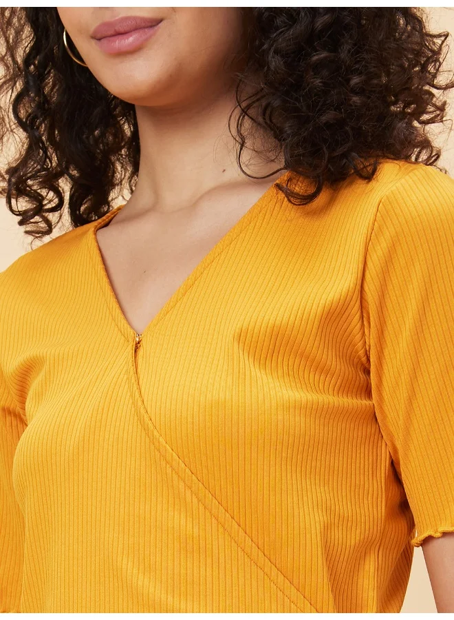 globus Women Mustard Self Designed V-Neck Tie-Ups Detailed Warp Top