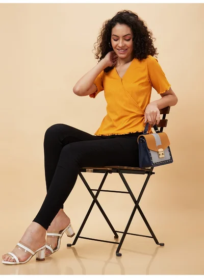 globus Globus Women Mustard Self Designed V-Neck Tie-Ups Detailed Warp Top