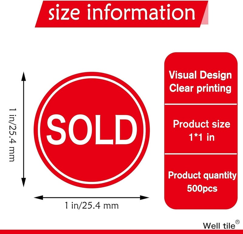 Well Tile Red Small Sold Stickers Dot 1" Round Sold Point of Sale Price Pricing Inventory Control Labels for Retail Store Yard Sale 500/Roll - Image 3