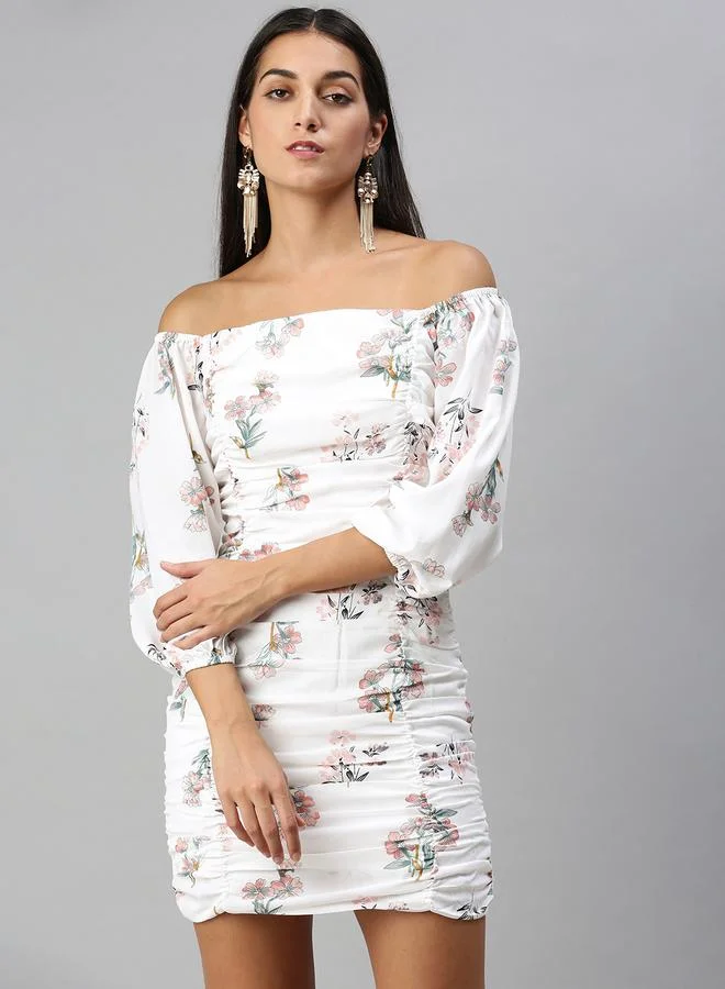 كاجوالي Kassually Floral Print Ruched Detail Off Shoulder Mini Dress