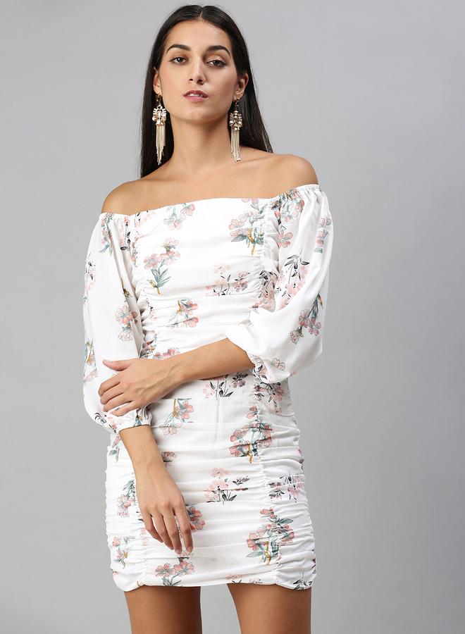 Kassually Floral Print Ruched Detail Off Shoulder Mini Dress - Image 2