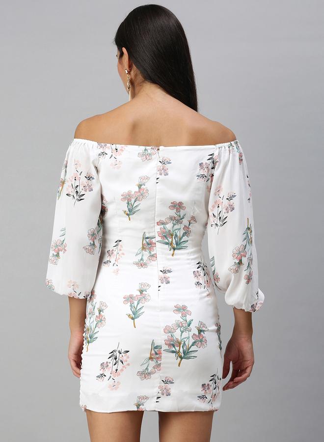 Kassually Floral Print Ruched Detail Off Shoulder Mini Dress - Image 3