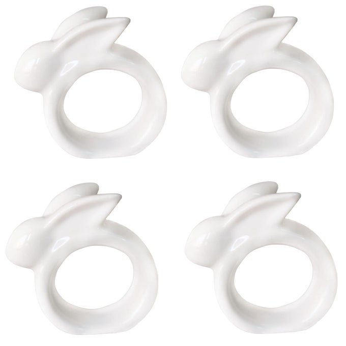 PORCELAIN RABBIT NAPKIN RINGS EASTER BUNNY NAPKIN RINGS HOLDER SET OF 4 VINTAGE WHITE BUNNIES