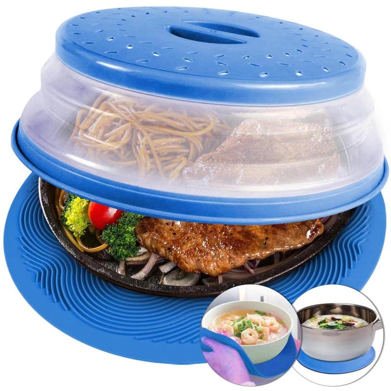 AIDACOM 2 in 1 Aidacom Microwave Mat  Food Cover Mat as Bowl Holder Cover for Splatter Guard Multiuse Silicone Trivet Pot Holders Drying Baking Place Mat Utensils Rest for Kitchen Counter Blue 