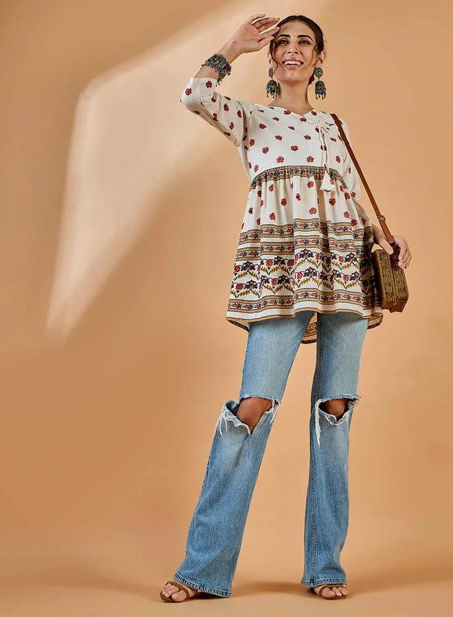 Winered Off-White Floral Print Tunic With 3/4 Sleeves