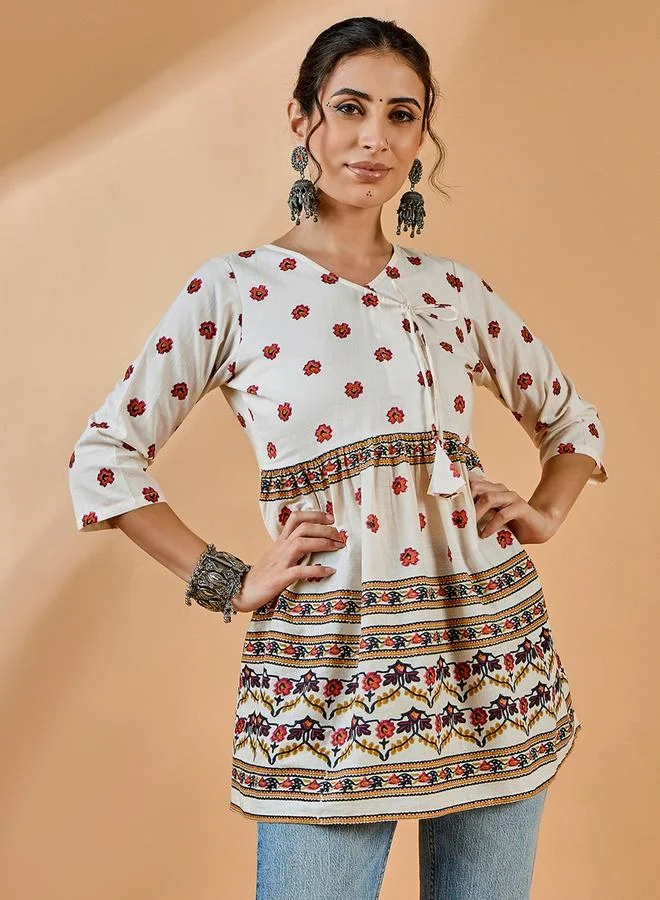 Winered Off-White Floral Print Tunic With 3/4 Sleeves