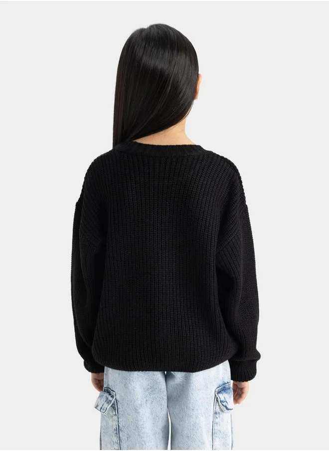 ديفاكتو Regular Fit Round Neck Rib Knit Sweater by Styli