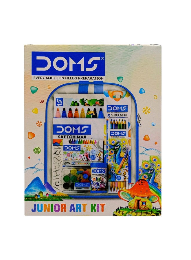 Doms Jonior Art Kit | Comes With Transparent Zipper Bag | Perfect Value Pack | Kit For School Essentials | Gifting Range For Kids | Combination of 8 Stationery Items - Image 1