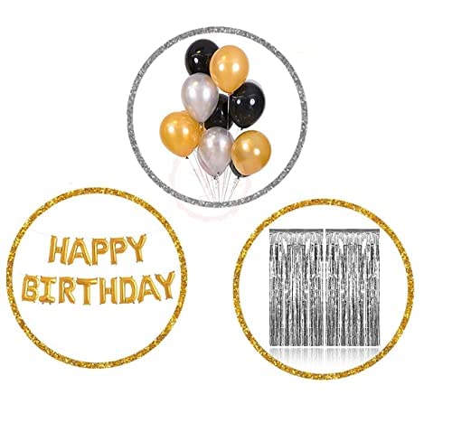 Amit Marketing Happy Birthday Decoration Kit Combo - Fringe Foil Curtains, Banner & Latex Metallic Balloons I Decorations for Kids, Adult Birthday I Party Decor items ? Pack of 33 Pcs - Image 1