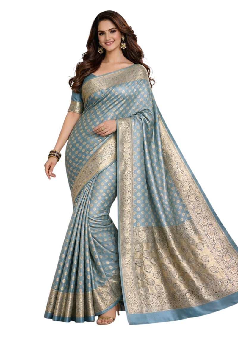 NoseQueen women fashion Multi-Colored Traditional banarasi silk saree | Cotton saree for farewell with UnStitched Blouse Piece (Turquoise) - Image 1