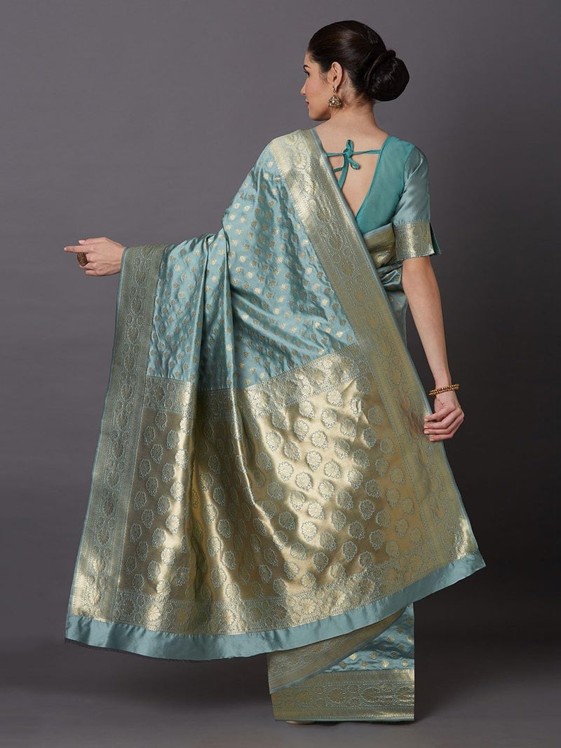 NoseQueen women fashion Multi-Colored Traditional banarasi silk saree | Cotton saree for farewell with UnStitched Blouse Piece (Turquoise) - Image 2
