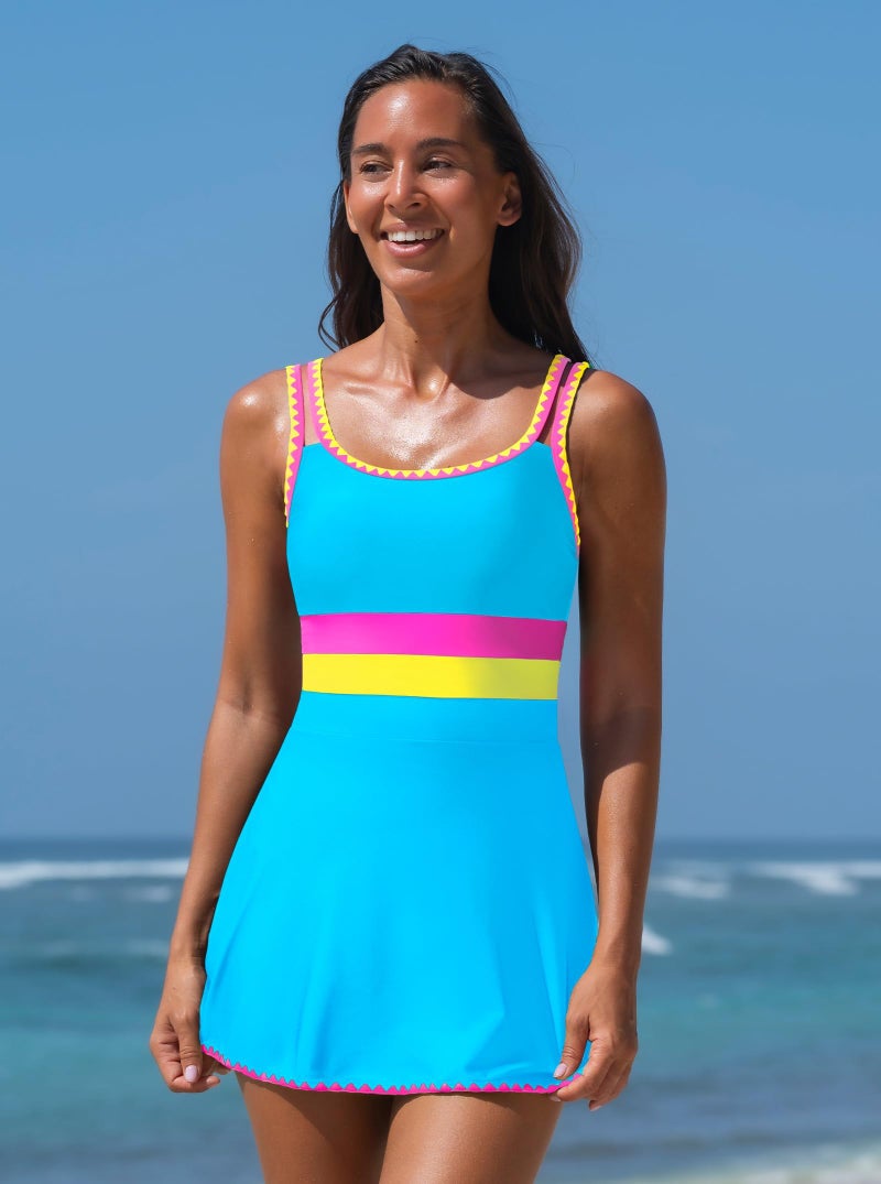 popvil Women's One Piece Swimsuit 2026 Swim Dress Neon Tummy Control Bathing Suit Swimdress with Shell Trim U Neck Swimwear, Blue, Large - Image 2