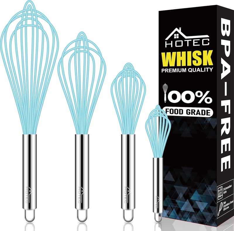 hotec 4 Pieces Silicone Whisks Set, Wire Balloon Whisks Egg Beater, Non-slip Handle Whisk for Non-stick Cookware Perfect for Cooking, Stirring, Beating and Blending (Blue) - Image 1