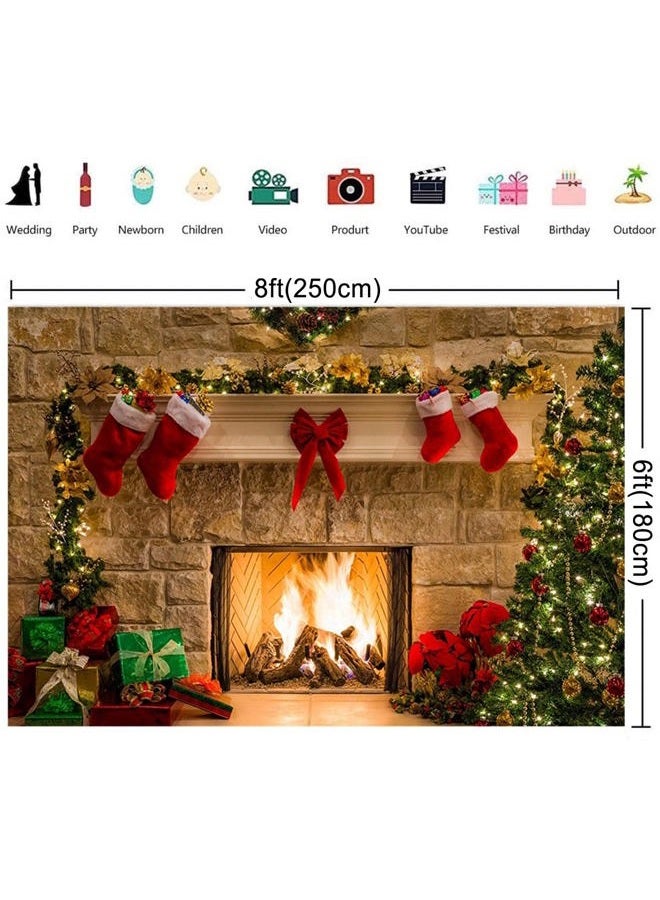 HMTFOTO 8x6ft Fabric Christmas Photography Backdrops Fireplace Decoration Stone Wall Christmas Socks Photo Booth Prop Background for Photo Studio - Image 3