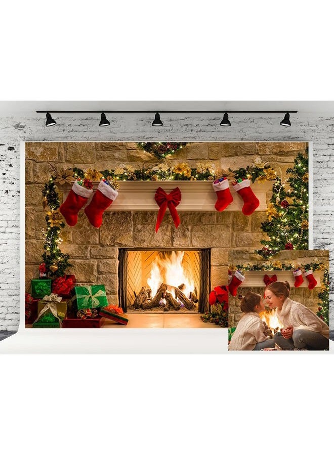 HMTFOTO 8x6ft Fabric Christmas Photography Backdrops Fireplace Decoration Stone Wall Christmas Socks Photo Booth Prop Background for Photo Studio - Image 1