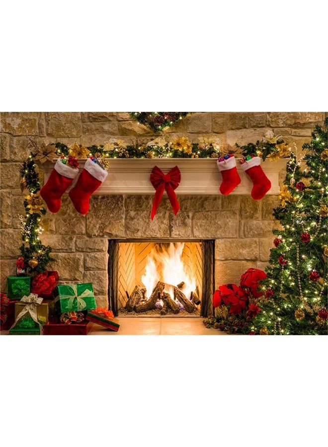 HMTFOTO 8x6ft Fabric Christmas Photography Backdrops Fireplace Decoration Stone Wall Christmas Socks Photo Booth Prop Background for Photo Studio - Image 2
