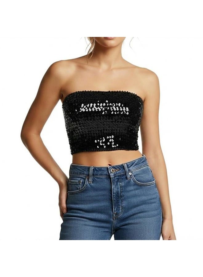 Anna-Kaci Womens Sequin Shiny Strapless Elastic Bandeau Party Tube Top,Black,Medium - Image 1