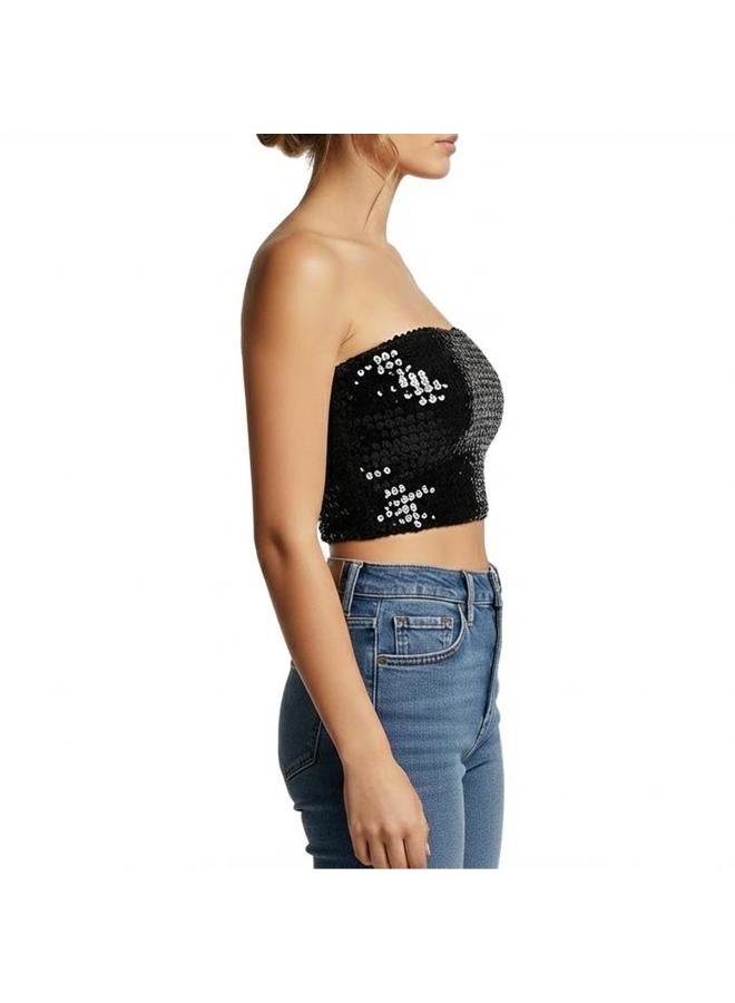 Anna-Kaci Womens Sequin Shiny Strapless Elastic Bandeau Party Tube Top,Black,Medium - Image 2
