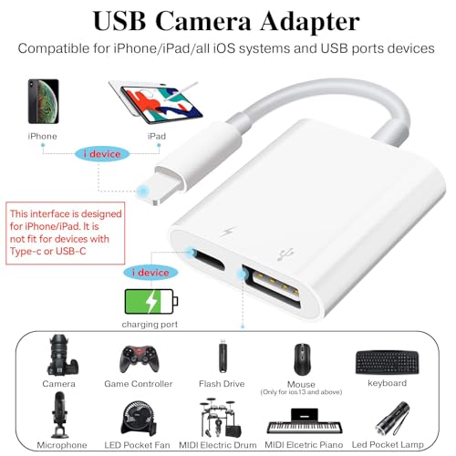 SUNTRSI USB Camera Adapter with Charging Port, Portable USB Female OTG Adapter Suitable for iPhone iPad, Plug and Play USB Adapter for iPad Support Card Reader - Image 2