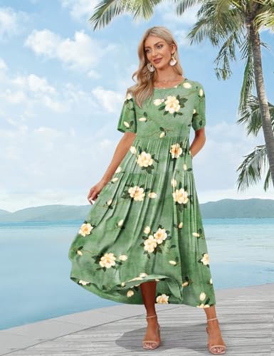 YESNO Women Casual Loose Bohemian Floral Dress with Pockets Short Sleeve Long Maxi Summer Beach Swing Dress M EJF CR19 - Image 2