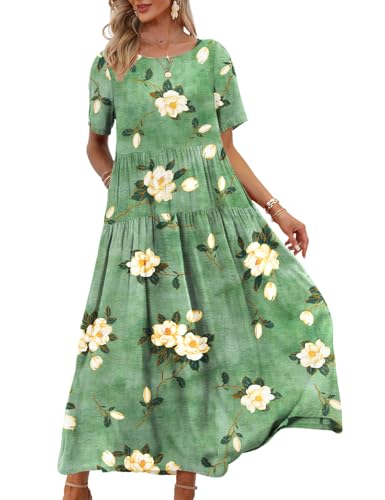 YESNO Women Casual Loose Bohemian Floral Dress with Pockets Short Sleeve Long Maxi Summer Beach Swing Dress M EJF CR19 - Image 1