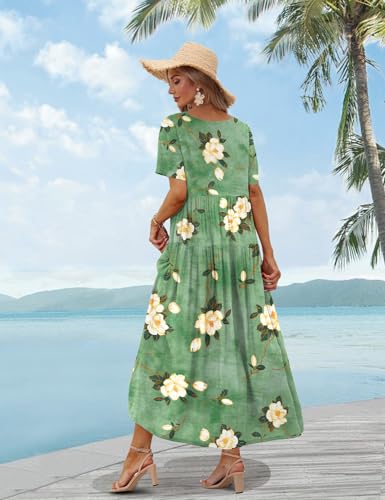 YESNO Women Casual Loose Bohemian Floral Dress with Pockets Short Sleeve Long Maxi Summer Beach Swing Dress M EJF CR19 - Image 4