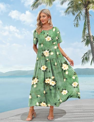 YESNO Women Casual Loose Bohemian Floral Dress with Pockets Short Sleeve Long Maxi Summer Beach Swing Dress M EJF CR19 - Image 3