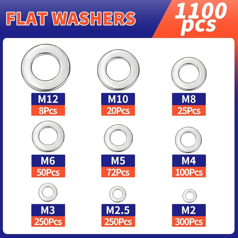 Magicave Store 1100 Pcs Flat Washers Assortment Kit – 304 Stainless Steel, 9 Metric Sizes (M2–M12), Metal Washers for Screws and Bolts – Ideal for Automotive, Construction, Industrial, and DIY Use - Image 4