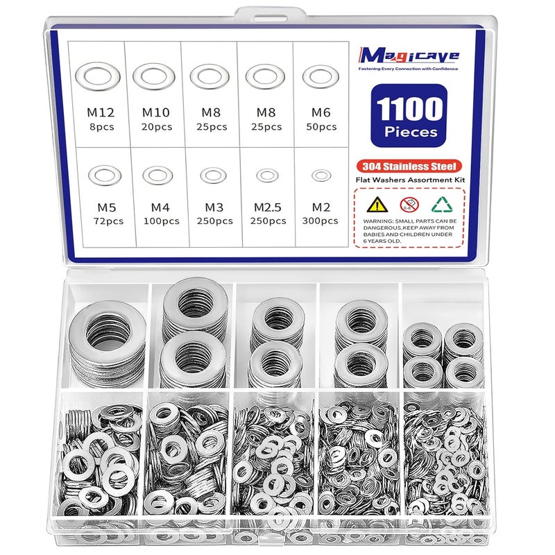 Magicave Store 1100 Pcs Flat Washers Assortment Kit – 304 Stainless Steel, 9 Metric Sizes (M2–M12), Metal Washers for Screws and Bolts – Ideal for Automotive, Construction, Industrial, and DIY Use - Image 1