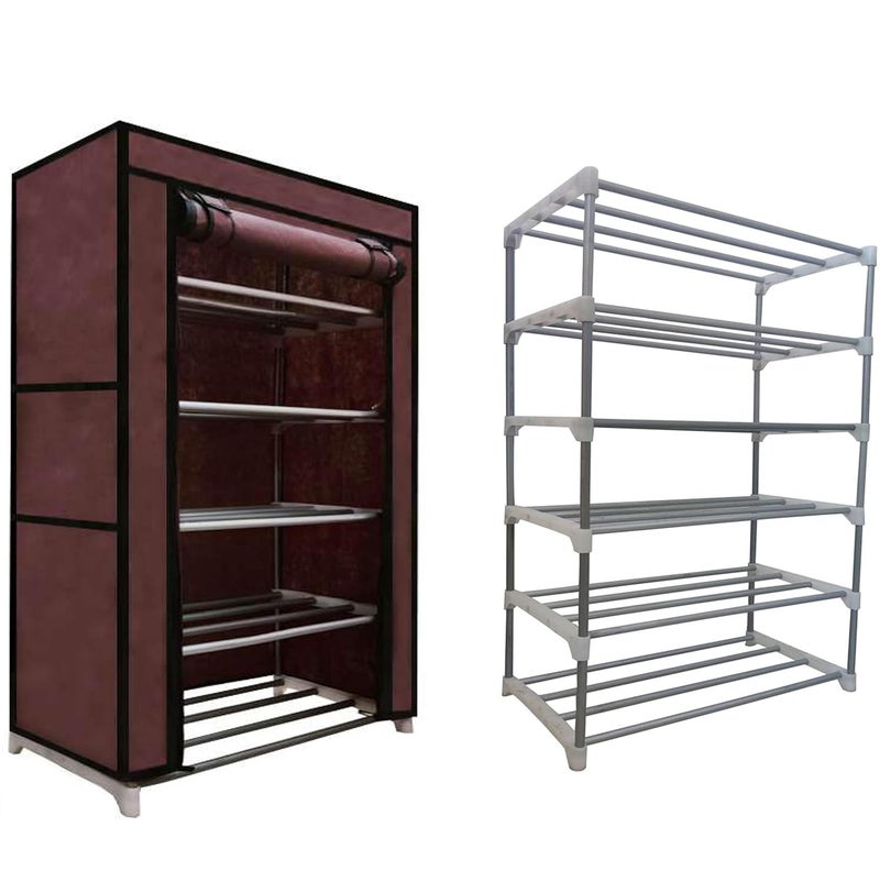 SANAMSTORE SANAMSTORE Open 5 Tier Metal Pipe With NonWoven 100GSM Fabric Cover ShoeClothToyBooks RackBrown 30X55X93 Cm - Image 1